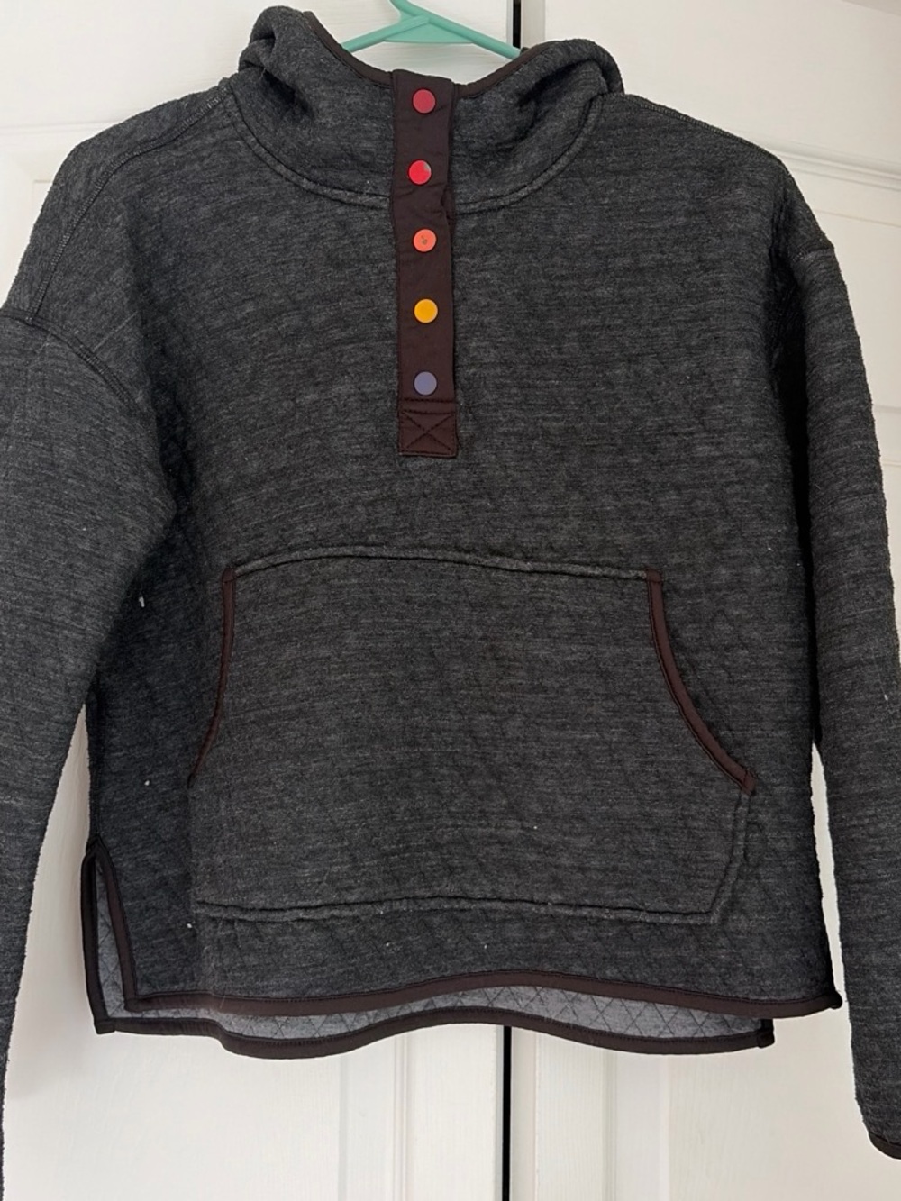 Marine Layer Dark Charcoal Quilted Hoodie with Colorful Button Placket